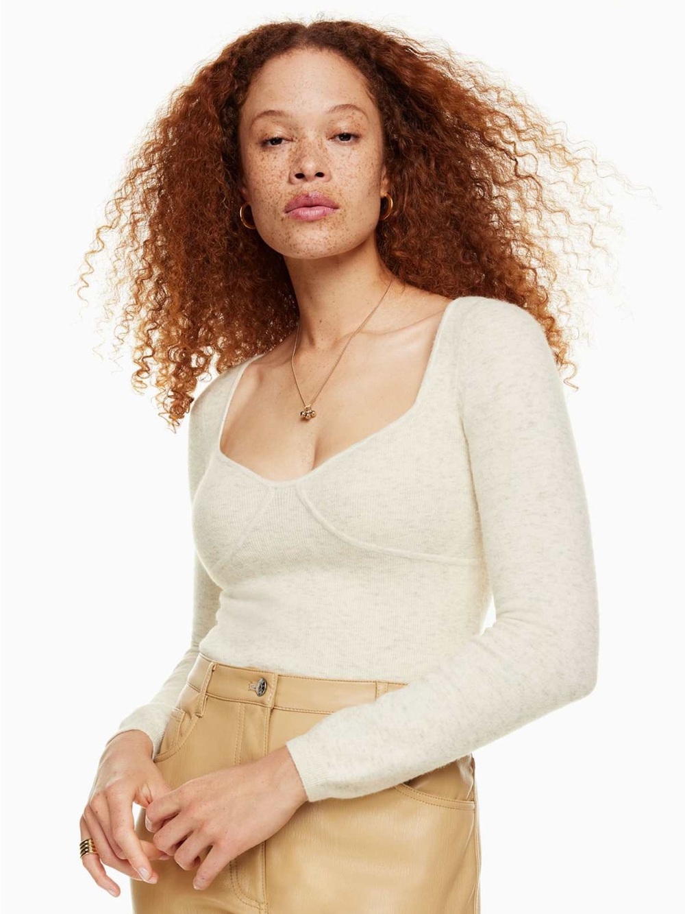 Aritzia Wilfred Cream Heathered Sweetheart Cropped Knit Top Bustier Cozy Size L